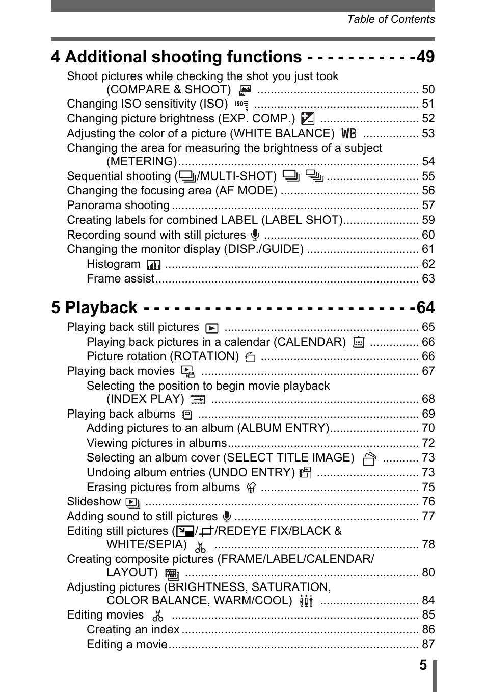 4 additional shooting functions, 5 playback | Olympus SP-700 User Manual | Page 5 / 187