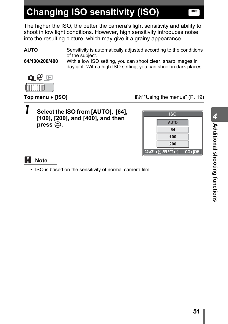 Changing iso sensitivity (iso), P. 51 | Olympus SP-700 User Manual | Page 51 / 187