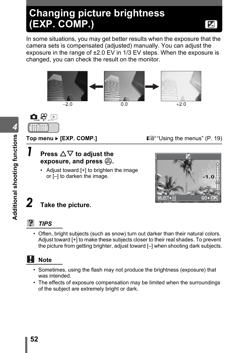 Changing picture brightness (exp. comp.), P. 52 | Olympus SP-700 User Manual | Page 52 / 187