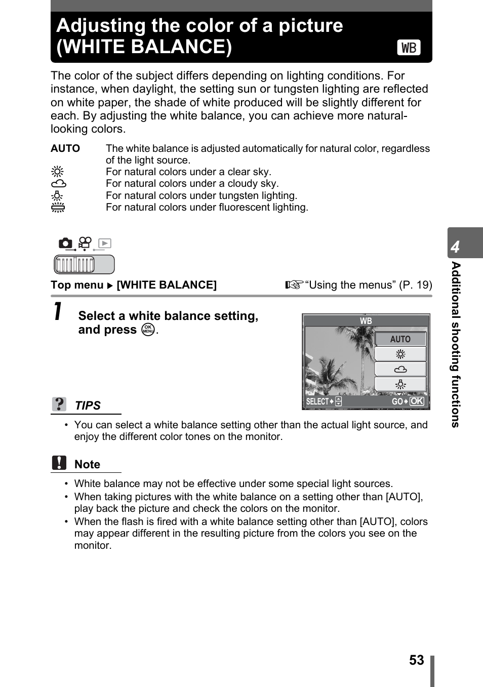 Adjusting the color of a picture (white balance), P. 53 | Olympus SP-700 User Manual | Page 53 / 187