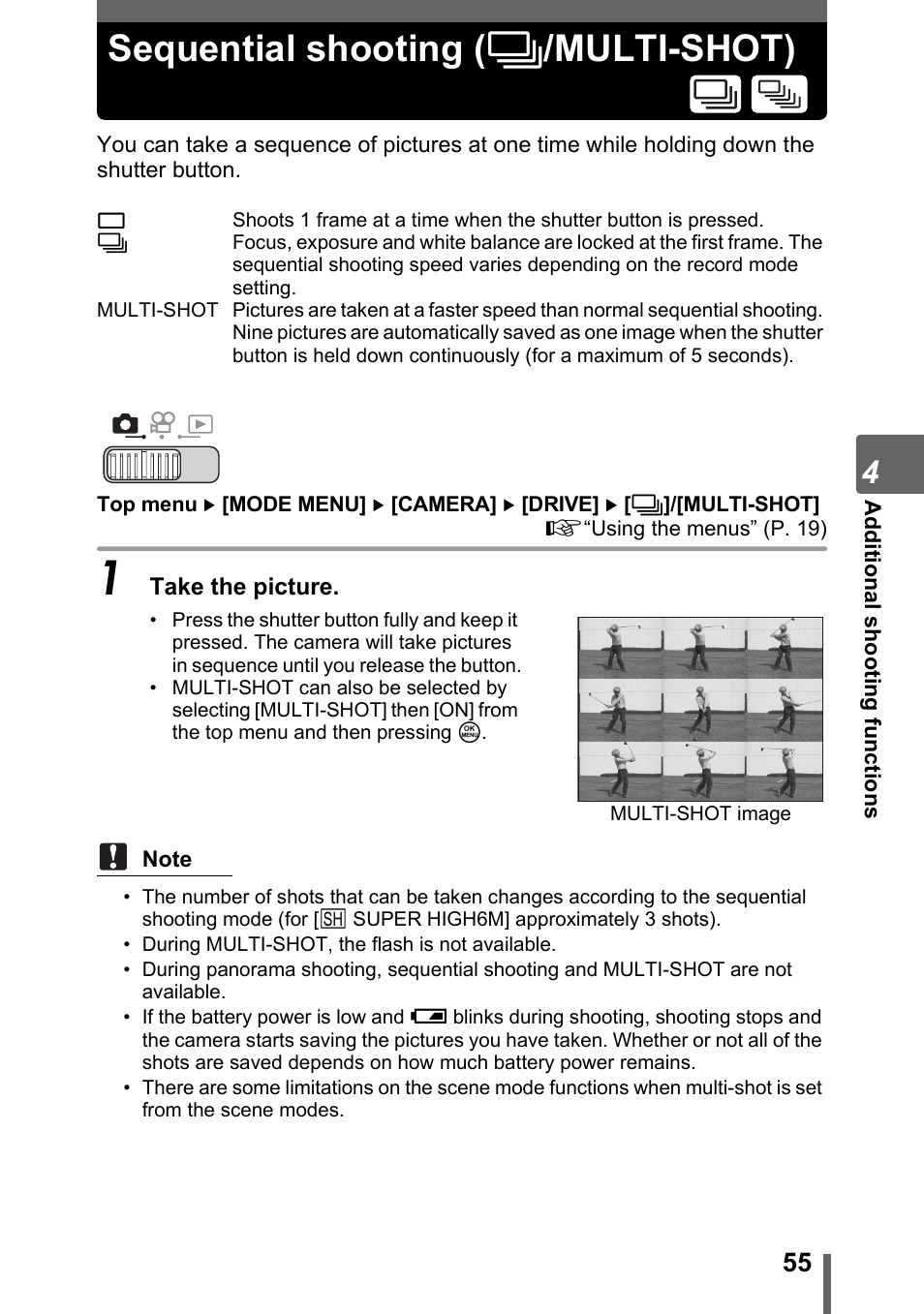 Sequential shooting (sequential/multi-shot), Sequential shooting (j/multi-shot), P. 55 | Sequential shooting ( j /multi-shot) | Olympus SP-700 User Manual | Page 55 / 187