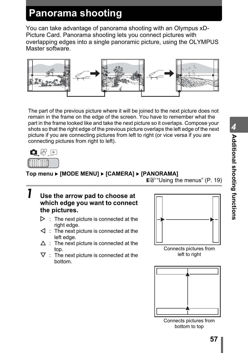 Panorama shooting | Olympus SP-700 User Manual | Page 57 / 187