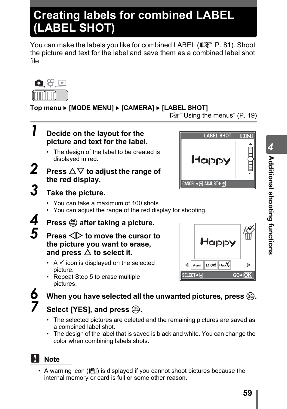 Creating labels for combined label (label shot) | Olympus SP-700 User Manual | Page 59 / 187