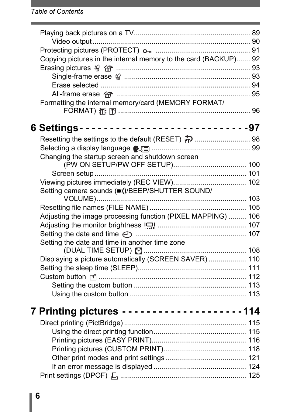 6 settings, 7 printing pictures | Olympus SP-700 User Manual | Page 6 / 187