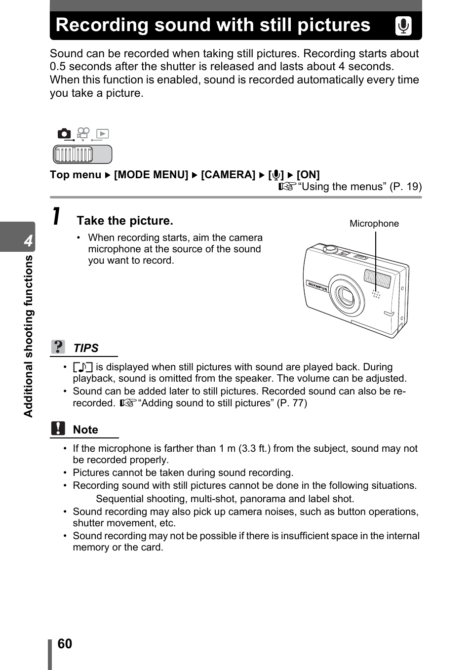 Recording sound with still pictures | Olympus SP-700 User Manual | Page 60 / 187