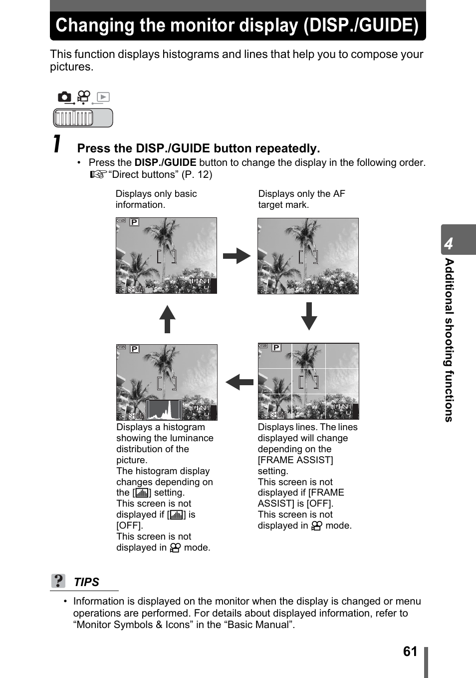 Changing the monitor display (disp./guide) | Olympus SP-700 User Manual | Page 61 / 187