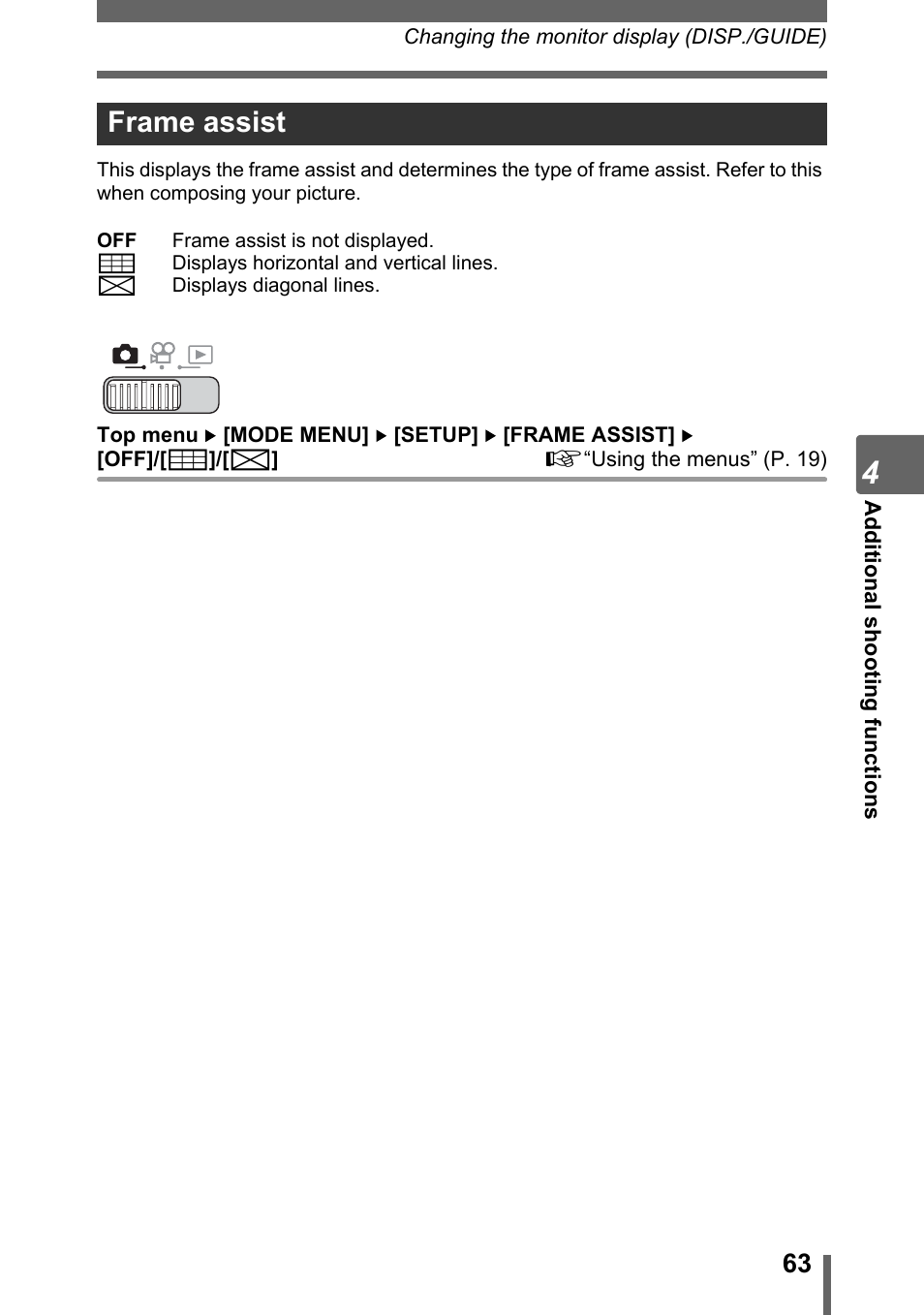 Frame assist | Olympus SP-700 User Manual | Page 63 / 187