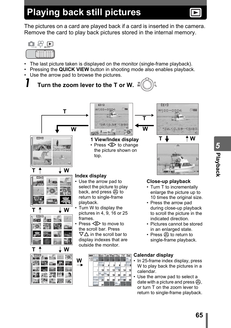 Playing back still pictures, Gp. 65, Turn the zoom lever to the t or w | Pl ayb ack, Close-up playback, Index display, Calendar display, 1 view/index display, Press xy to change the picture shown on top | Olympus SP-700 User Manual | Page 65 / 187