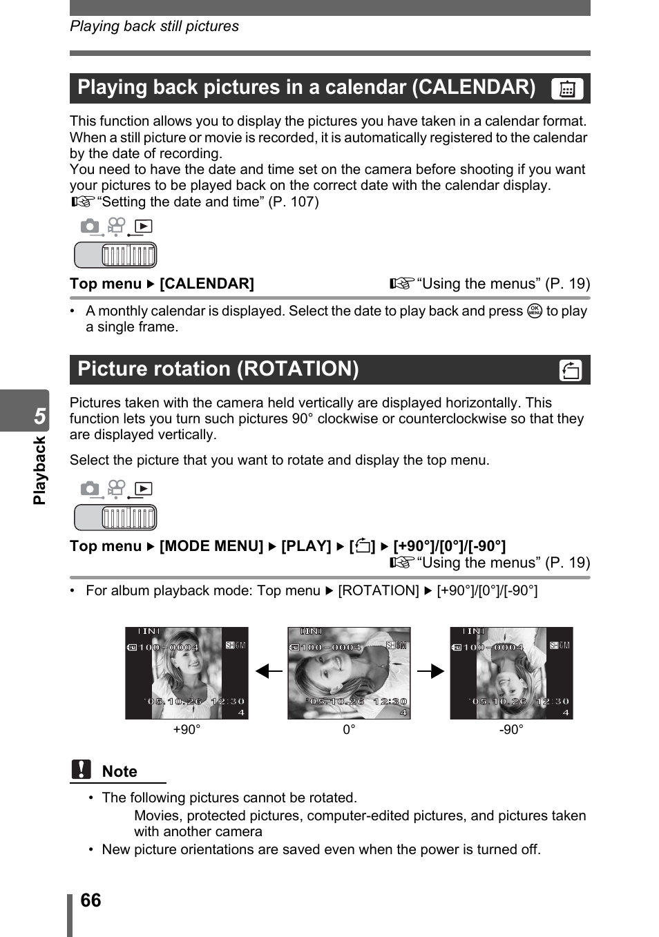 Playing back pictures in a calendar (calendar), Picture rotation (rotation), P. 66 | Pl ay back, Playing back still pictures, Top menu [calendar] g“using the menus” (p. 19) | Olympus SP-700 User Manual | Page 66 / 187