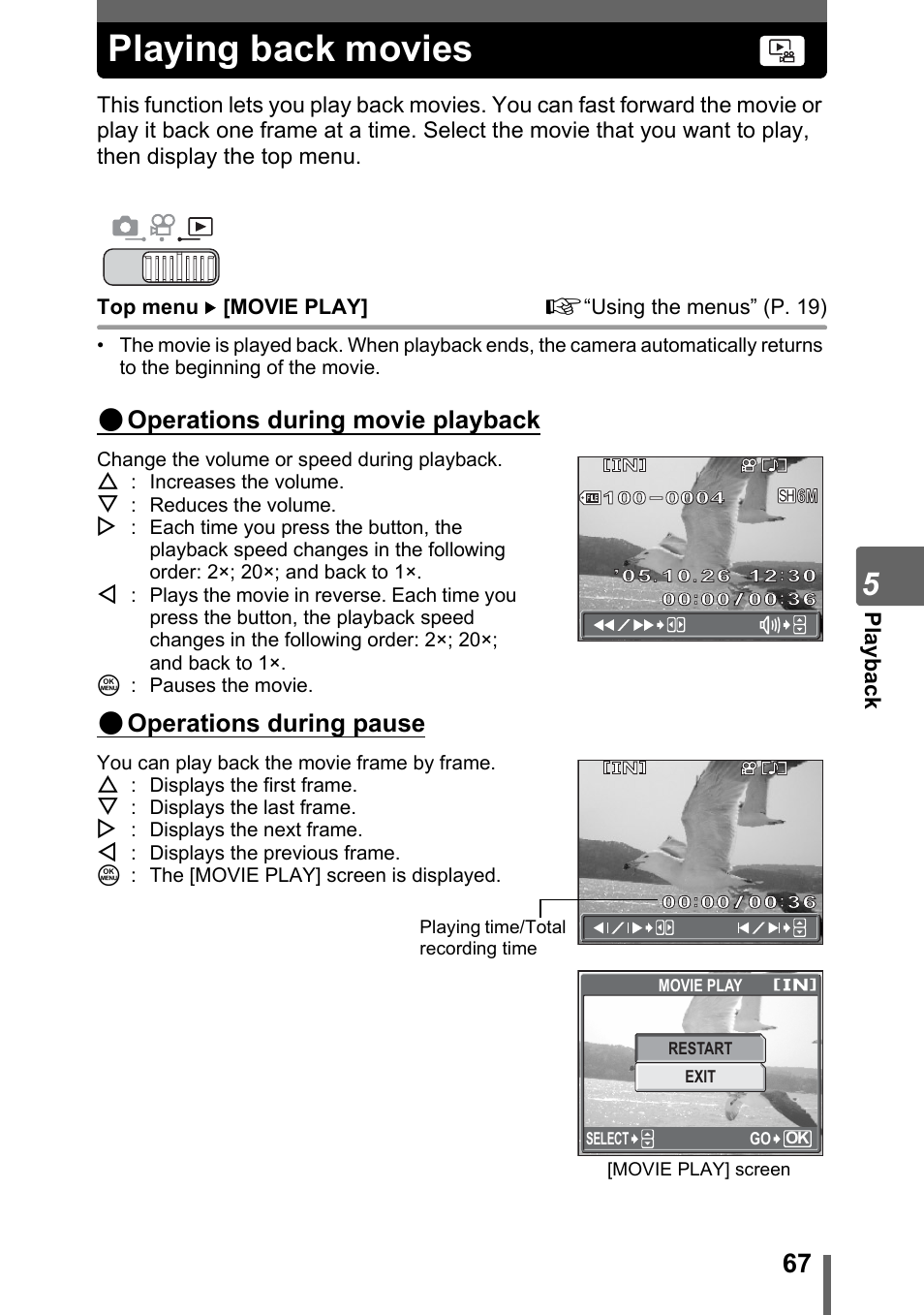 Playing back movies, P. 67, Operations during movie playback | Operations during pause | Olympus SP-700 User Manual | Page 67 / 187