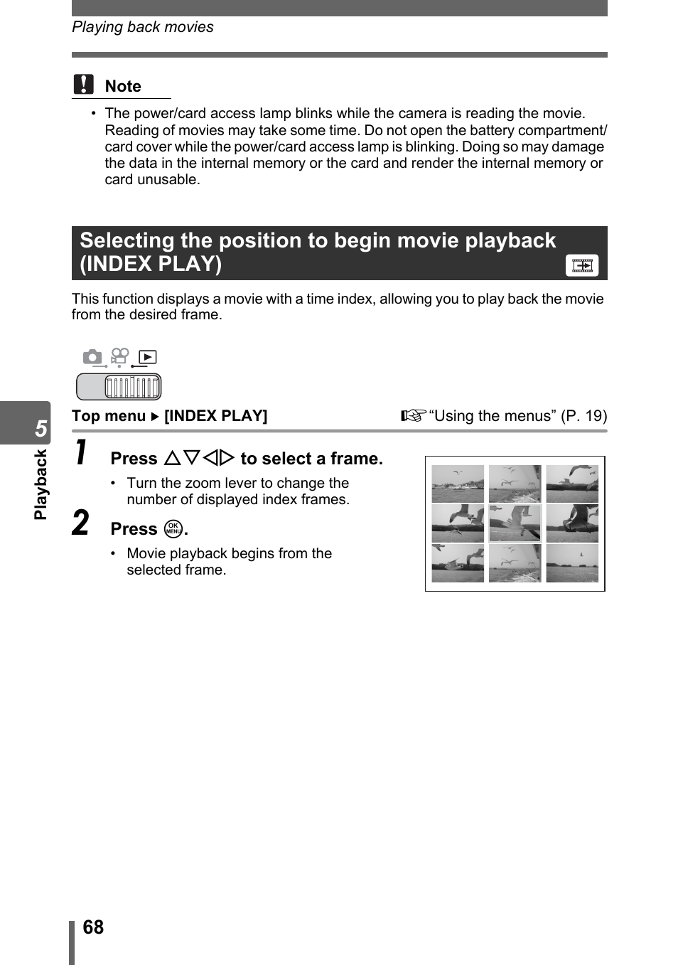 Selecting the position to begin movie playback, Index play), P. 68 | Olympus SP-700 User Manual | Page 68 / 187