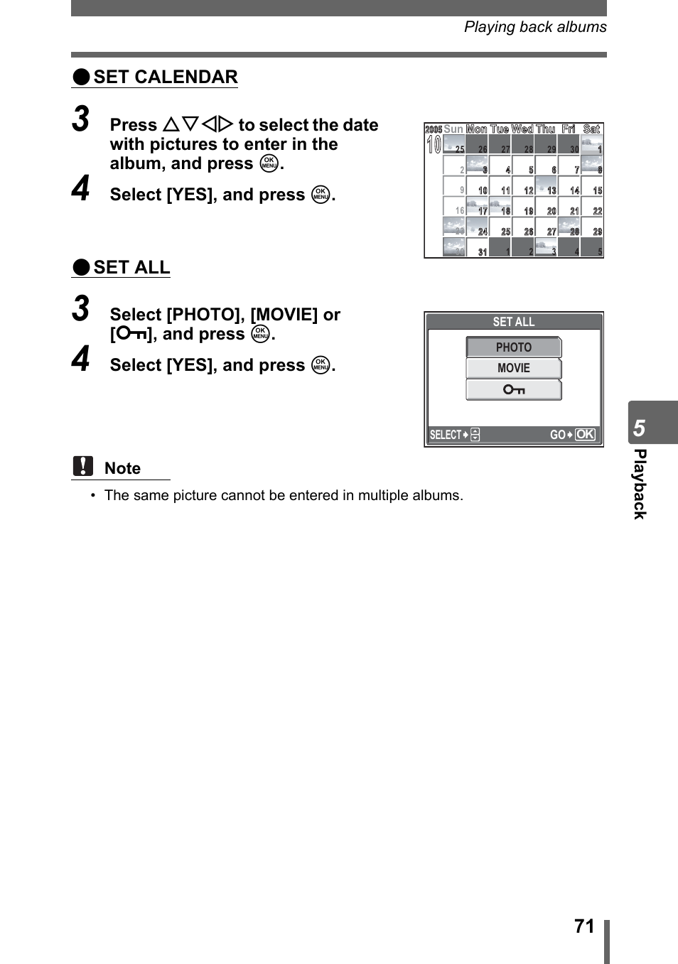 Set calendar, Set all, Select [yes], and press z | Select [photo], [movie] or [ 0 ], and press z, Pl ayb ack, Playing back albums | Olympus SP-700 User Manual | Page 71 / 187