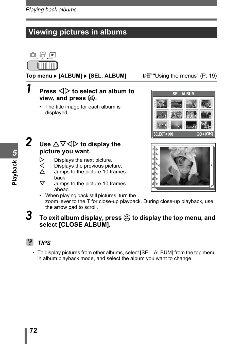 Viewing pictures in albums, P. 72 | Olympus SP-700 User Manual | Page 72 / 187