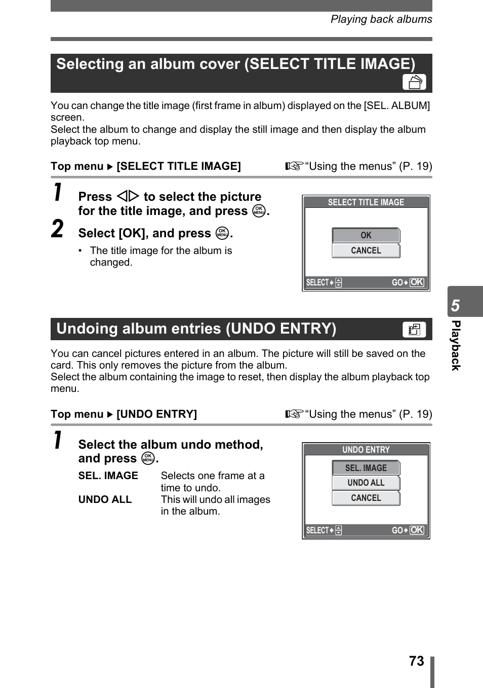 Selecting an album cover (select title image), Undoing album entries (undo entry), P. 73 | Olympus SP-700 User Manual | Page 73 / 187