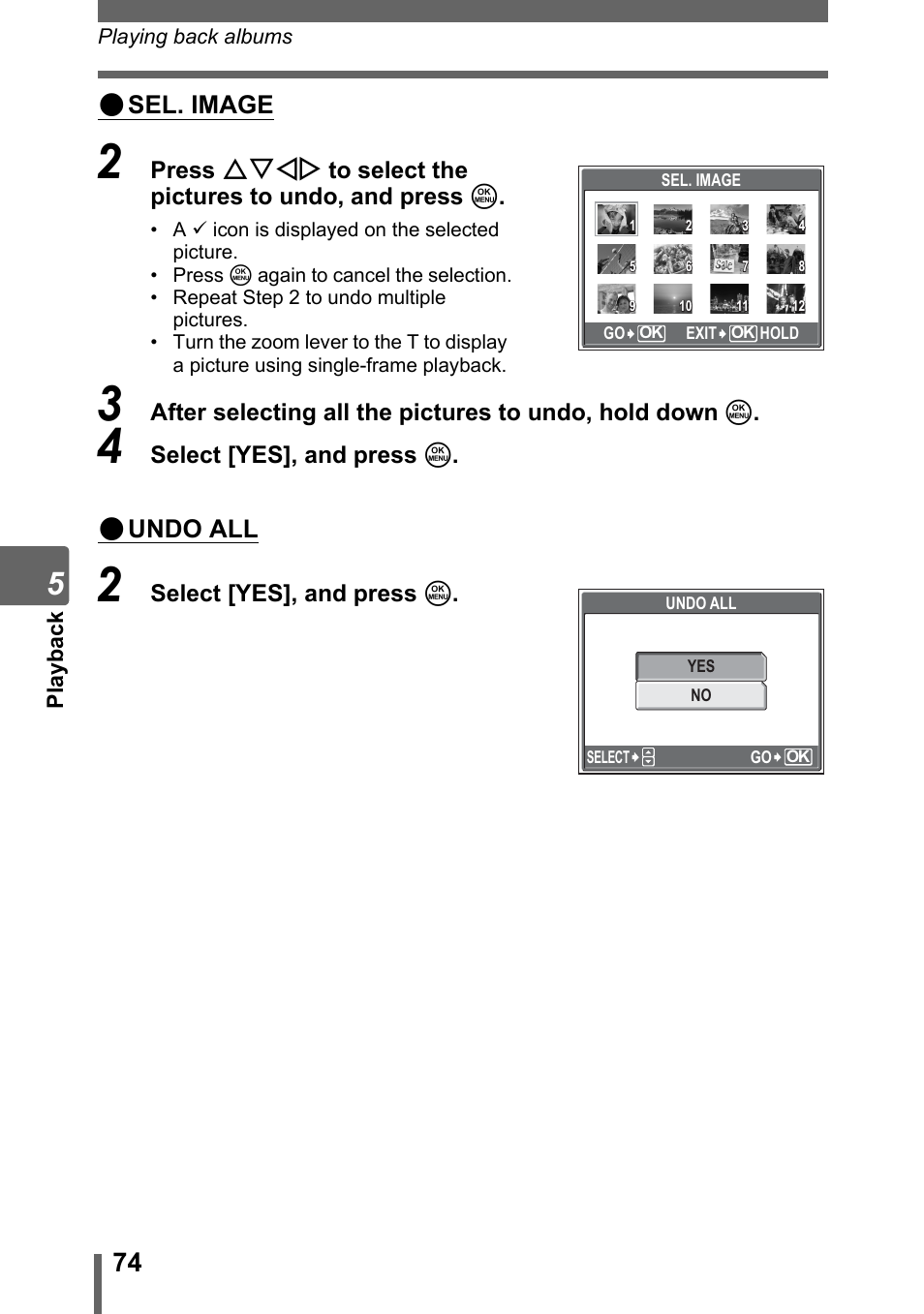 Sel. image, Undo all | Olympus SP-700 User Manual | Page 74 / 187