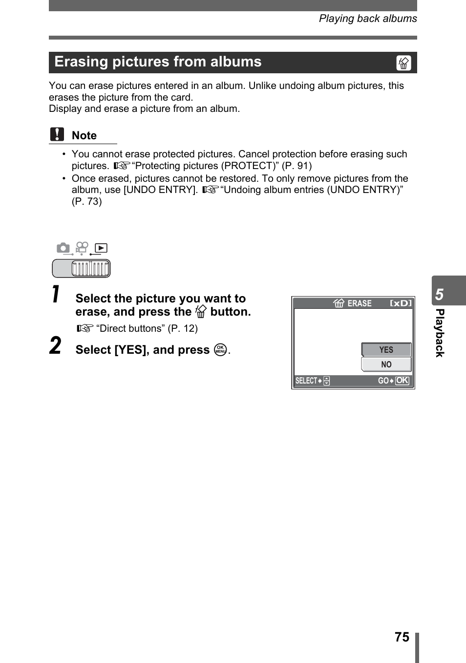 Erasing pictures from albums, Gp. 75 | Olympus SP-700 User Manual | Page 75 / 187