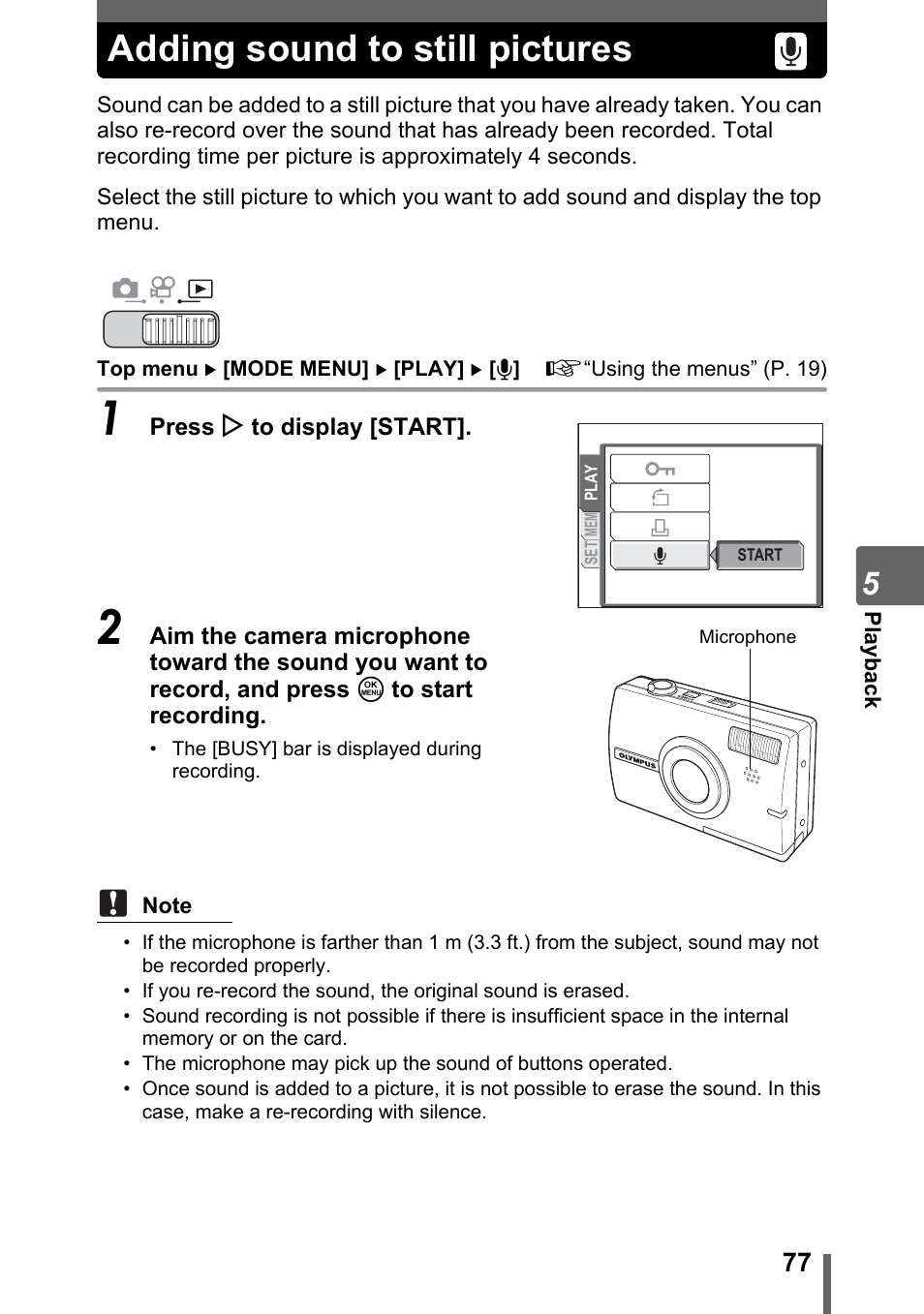 Adding sound to still pictures | Olympus SP-700 User Manual | Page 77 / 187