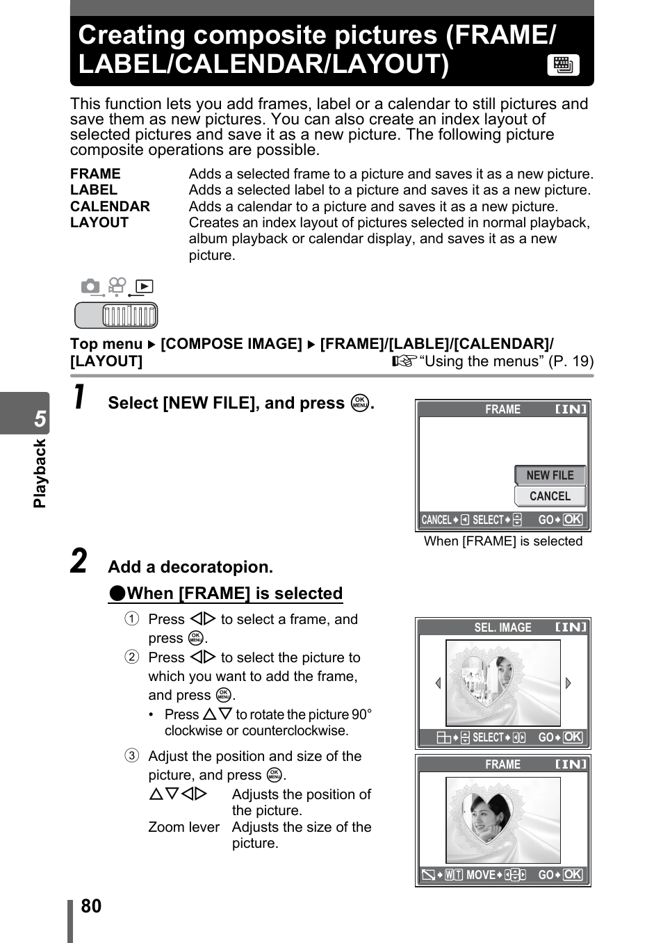 Creating composite pictures (frame/label/calendar, Layout), P. 80 | Olympus SP-700 User Manual | Page 80 / 187