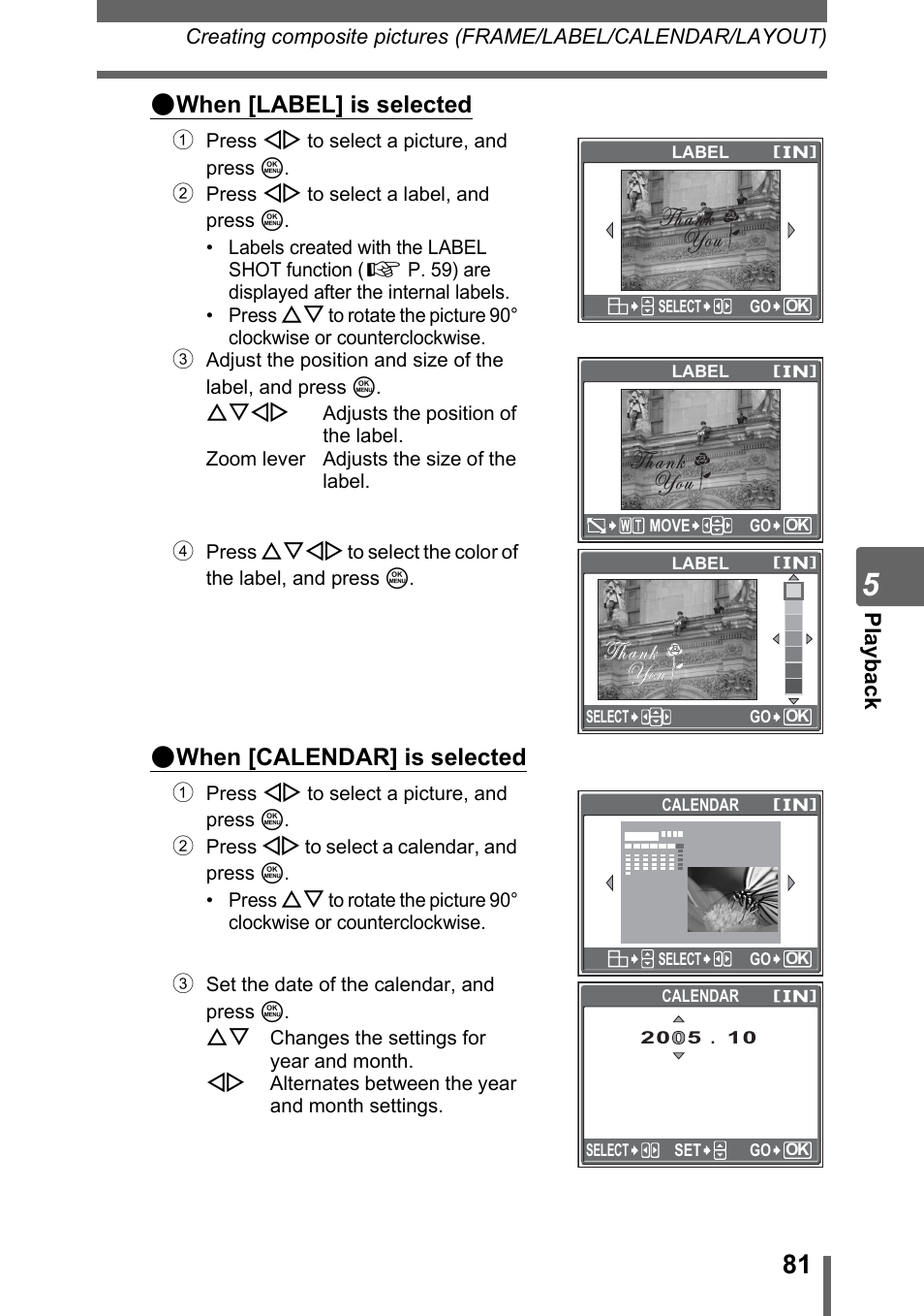 When [label] is selected, When [calendar] is selected, Pl ayb ack | Olympus SP-700 User Manual | Page 81 / 187