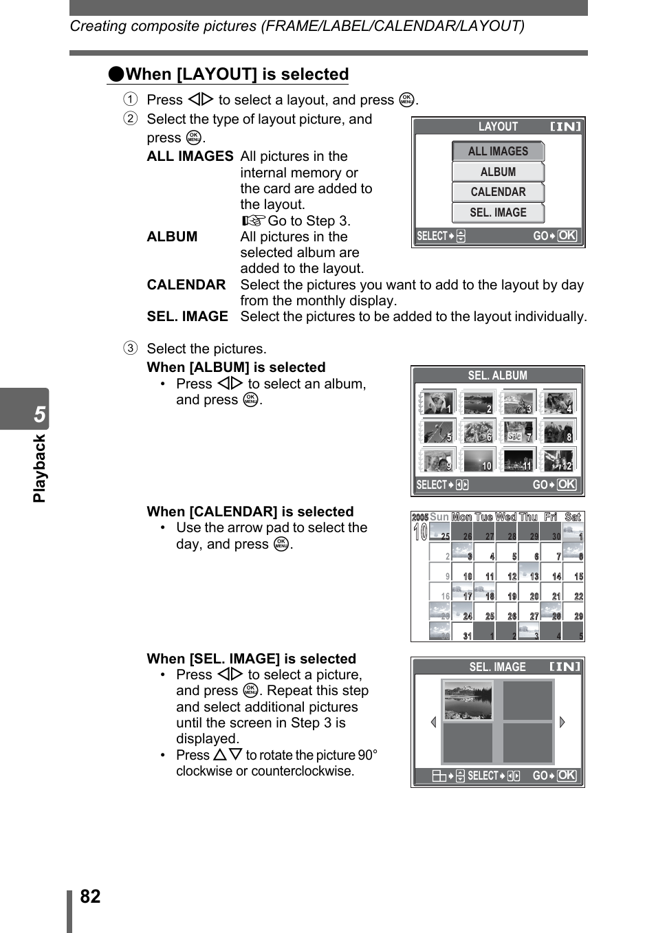 When [layout] is selected, Pl ay back | Olympus SP-700 User Manual | Page 82 / 187