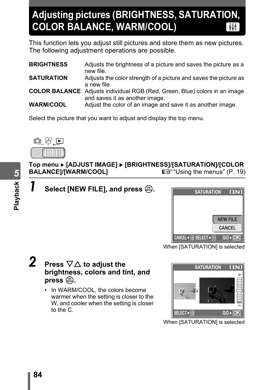 Adjusting pictures (brightness, saturation, Color balance, warm/cool), P. 84 | Olympus SP-700 User Manual | Page 84 / 187