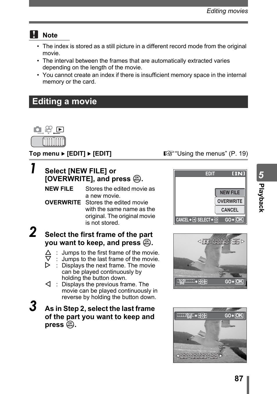 Editing a movie | Olympus SP-700 User Manual | Page 87 / 187