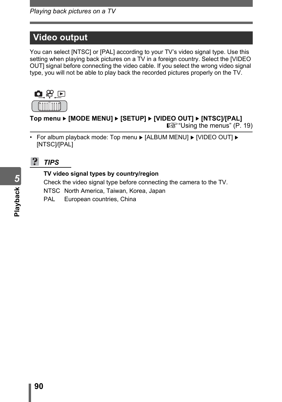 Video output, P. 90 | Olympus SP-700 User Manual | Page 90 / 187