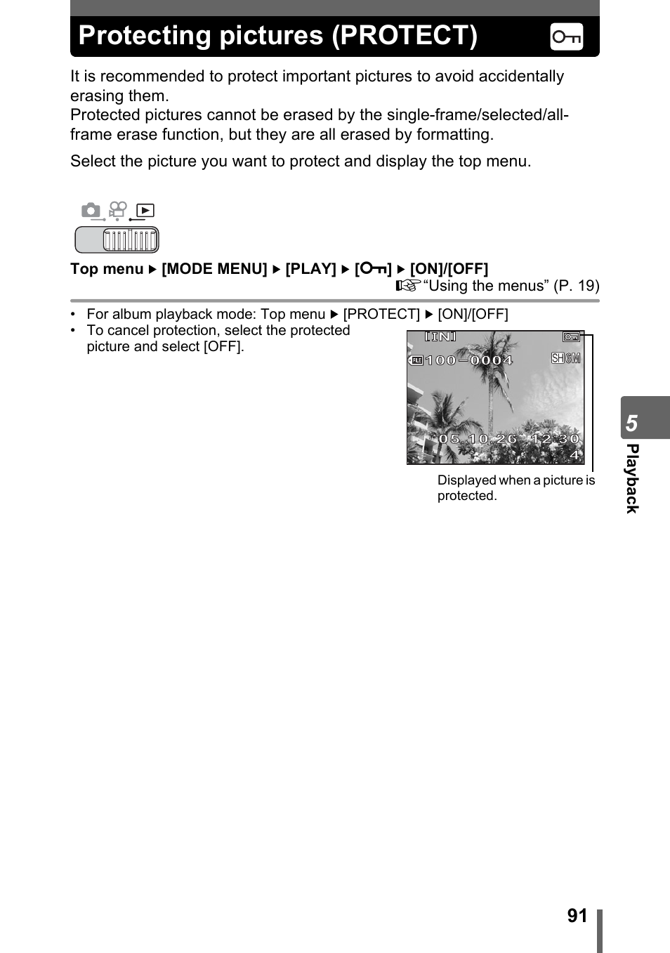 Protecting pictures (protect), P. 91, G“protecting pictures (protect)” (p. 91) | Olympus SP-700 User Manual | Page 91 / 187