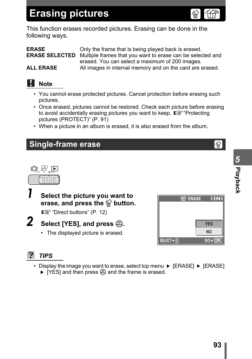 Erasing pictures, Single-frame erase, P. 93 | Olympus SP-700 User Manual | Page 93 / 187