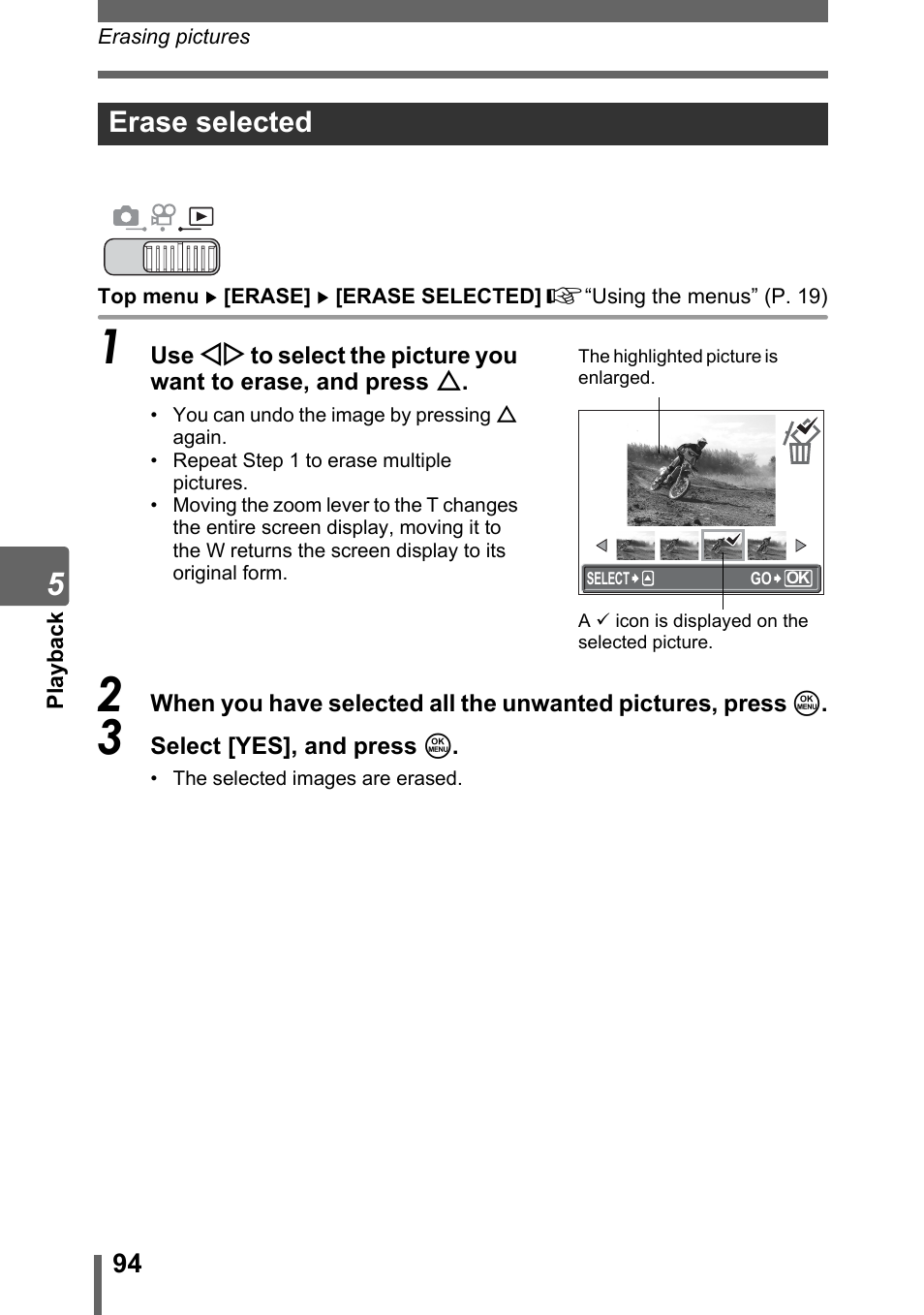 Erase selected | Olympus SP-700 User Manual | Page 94 / 187