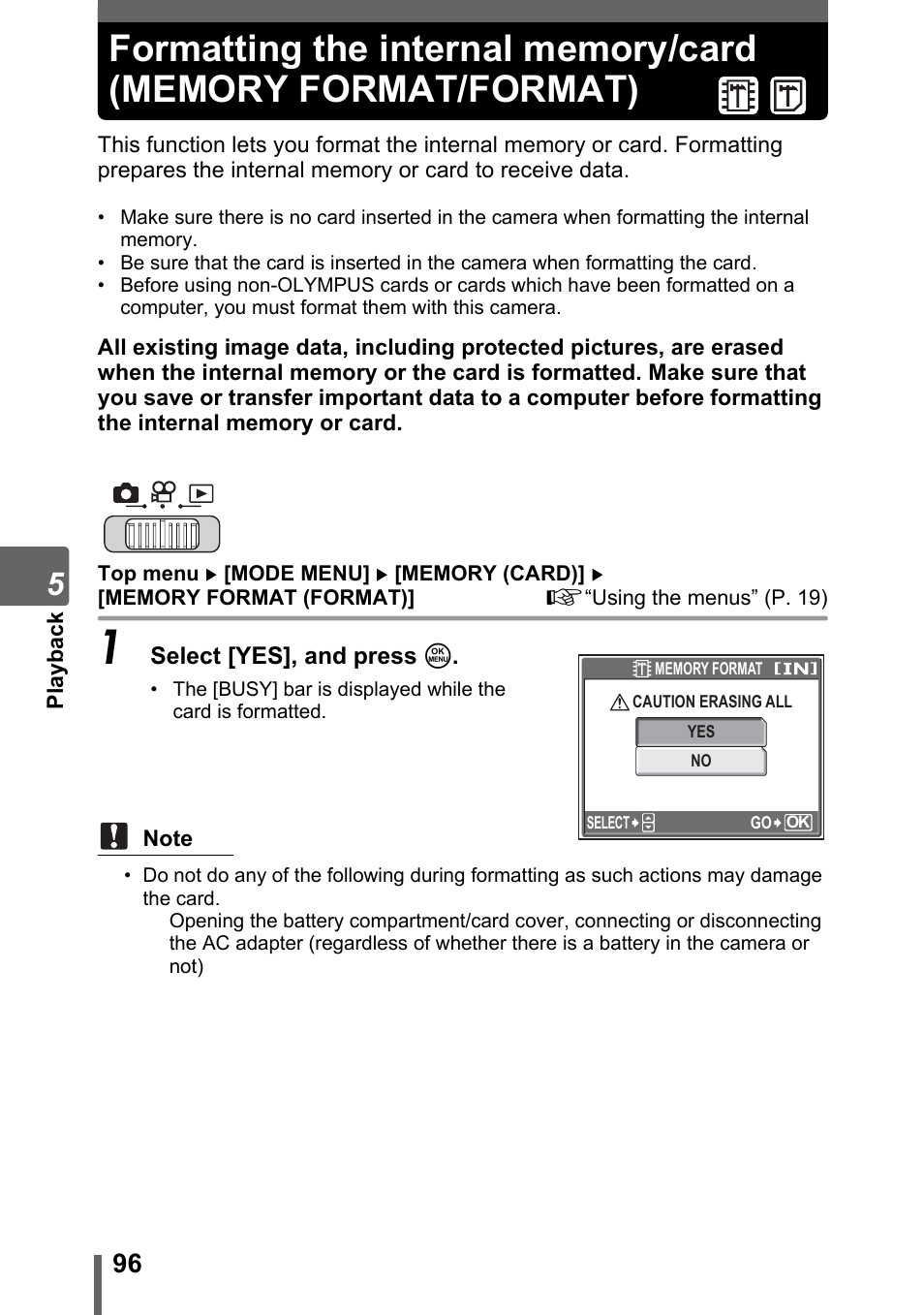 Formatting the internal memory/card (memory format, Format) | Olympus SP-700 User Manual | Page 96 / 187