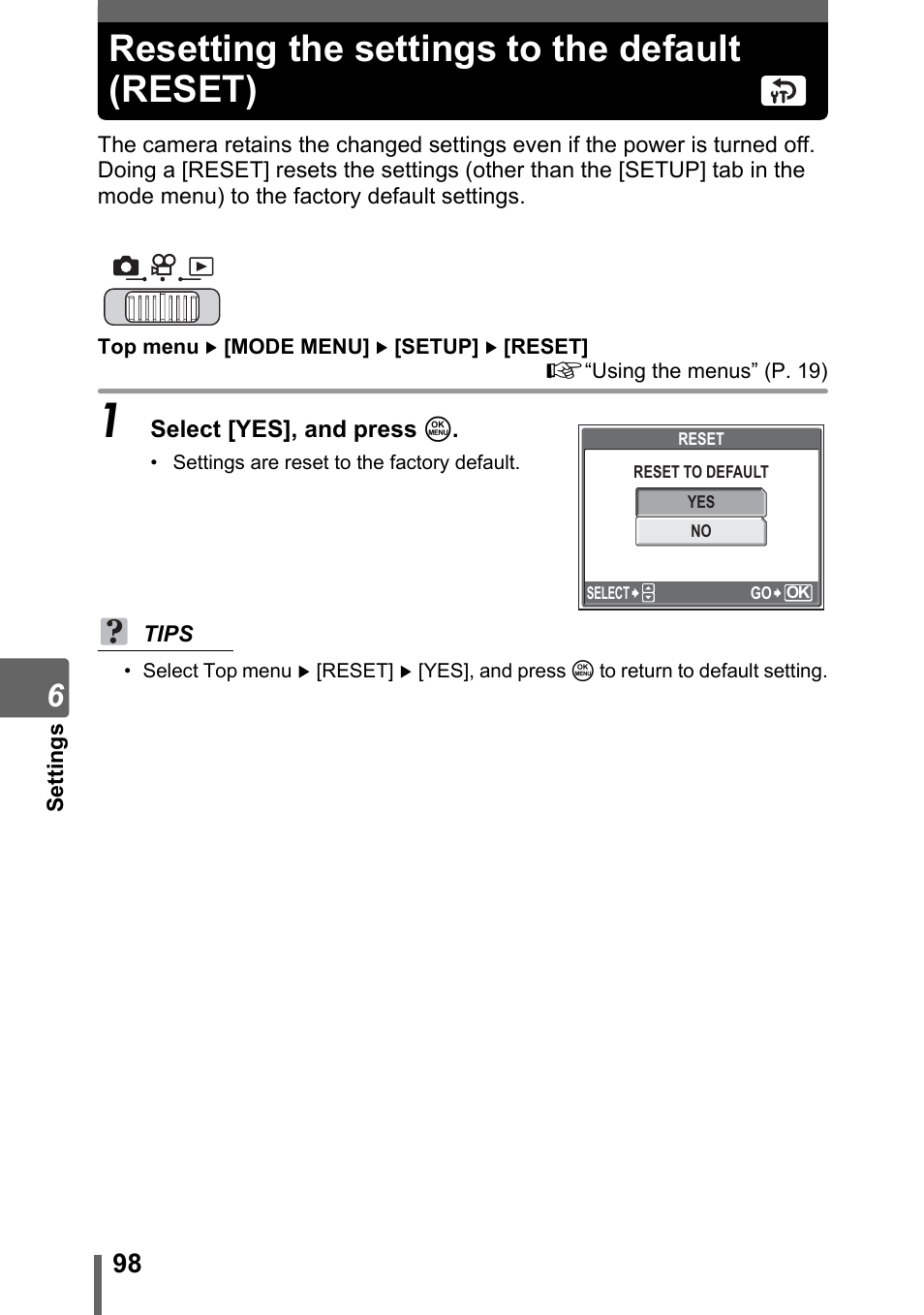 Resetting the settings to the default (reset), P. 98 | Olympus SP-700 User Manual | Page 98 / 187