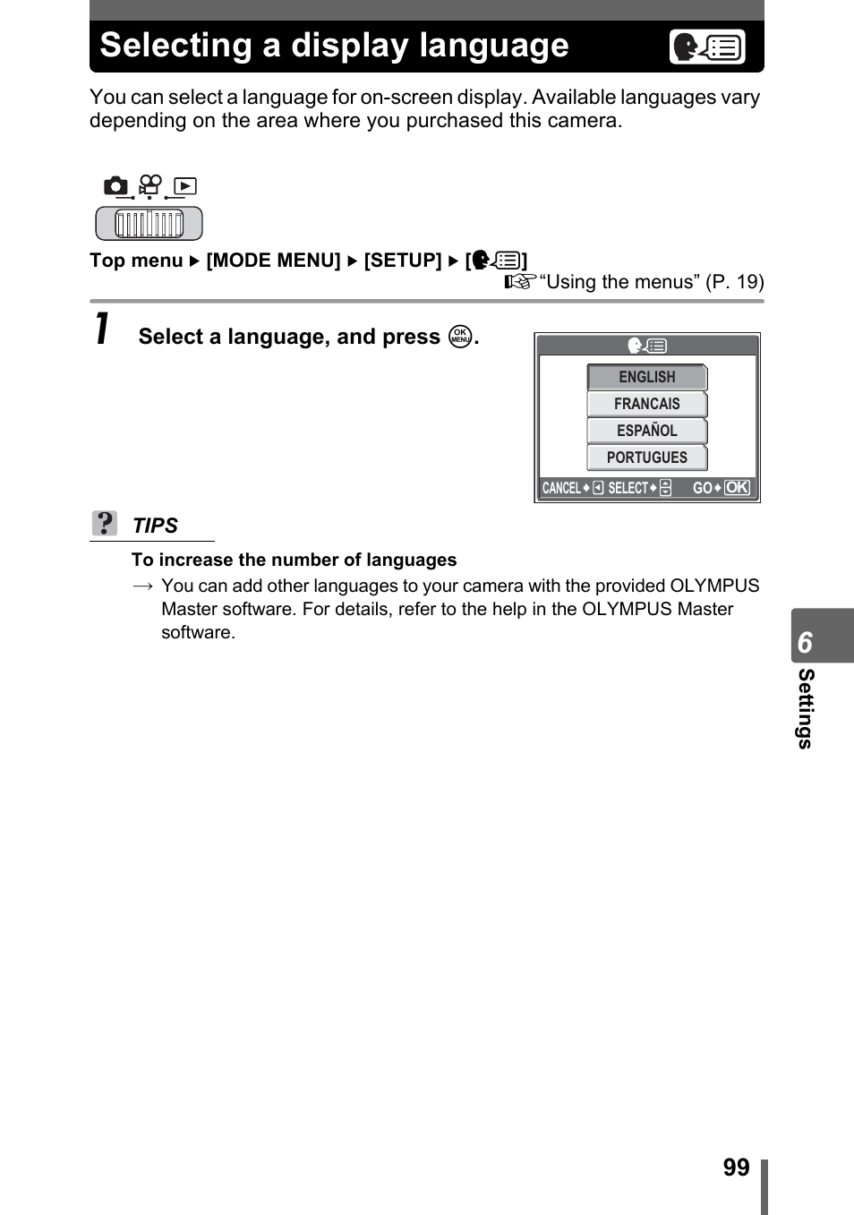 Selecting a display language, P. 99) | Olympus SP-700 User Manual | Page 99 / 187