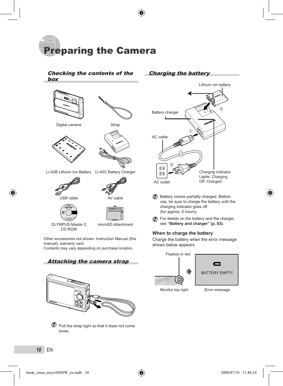 Preparing the camera, 10 en, Charging the battery | Checking the contents of the box, Attaching the camera strap | Olympus Stylus 1050 SW User Manual | Page 10 / 86