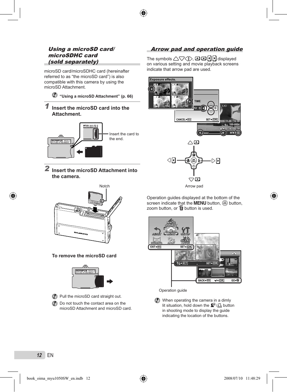 Arrow pad and operation guide, Insert the microsd card into the attachment, Insert the microsd attachment into the camera | Olympus Stylus 1050 SW User Manual | Page 12 / 86