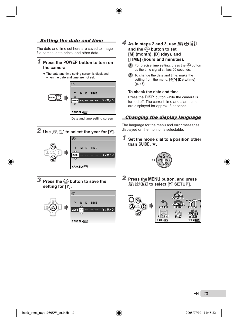 13 en setting the date and time, Changing the display language | Olympus Stylus 1050 SW User Manual | Page 13 / 86