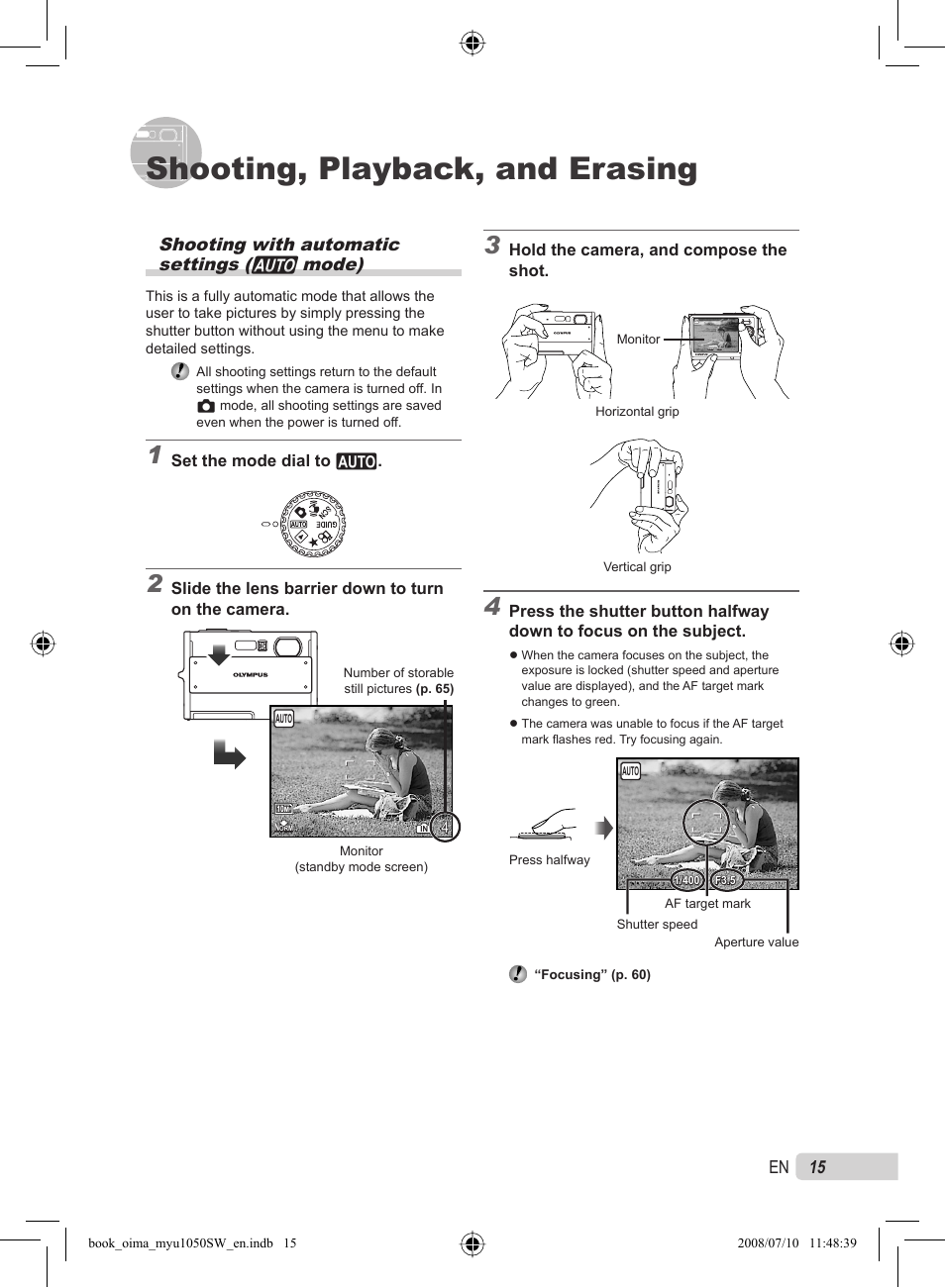 Shooting, playback, and erasing, 15 en, Shooting with automatic settings (h mode) | Olympus Stylus 1050 SW User Manual | Page 15 / 86