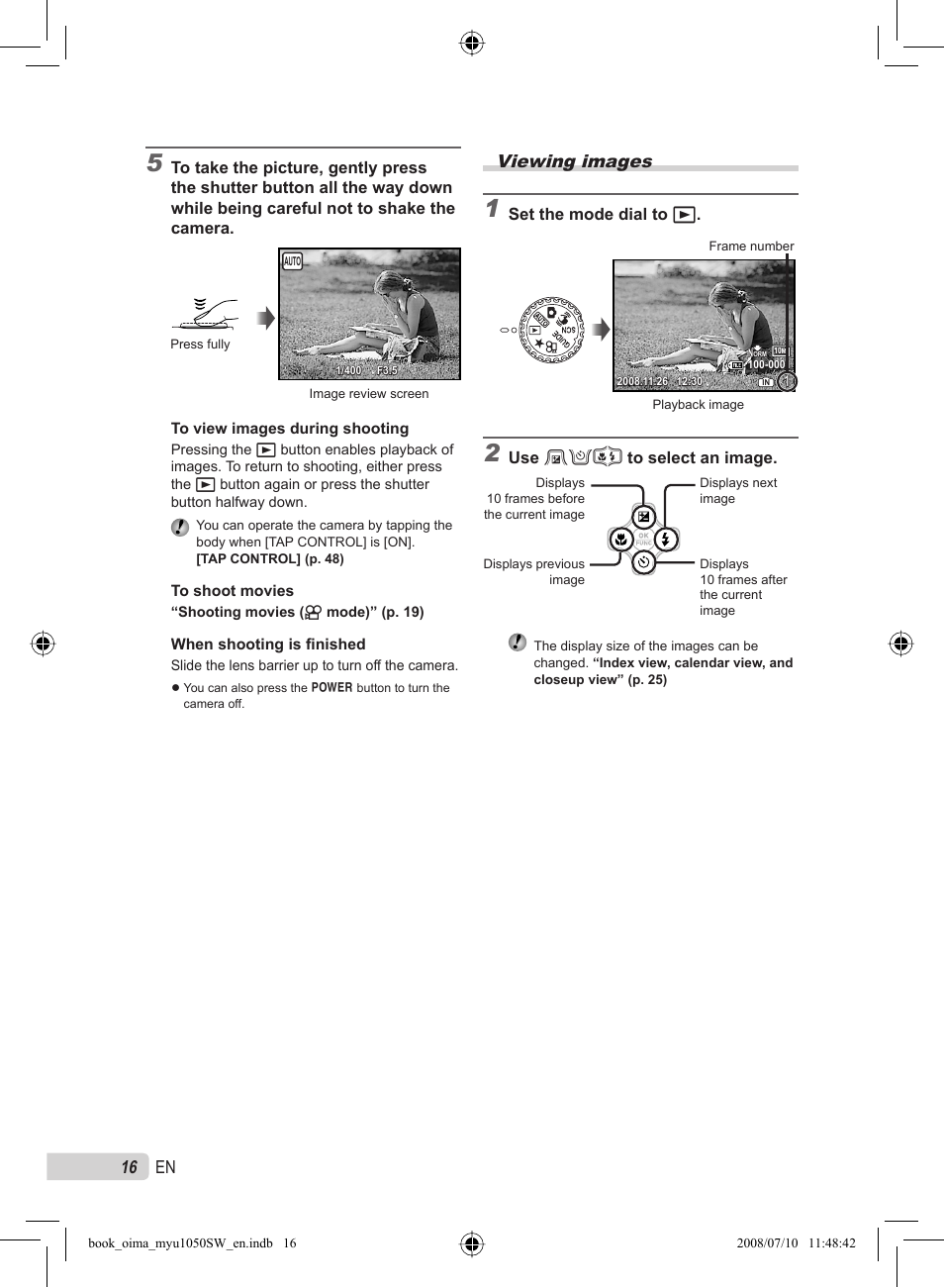 16 en, Viewing images | Olympus Stylus 1050 SW User Manual | Page 16 / 86