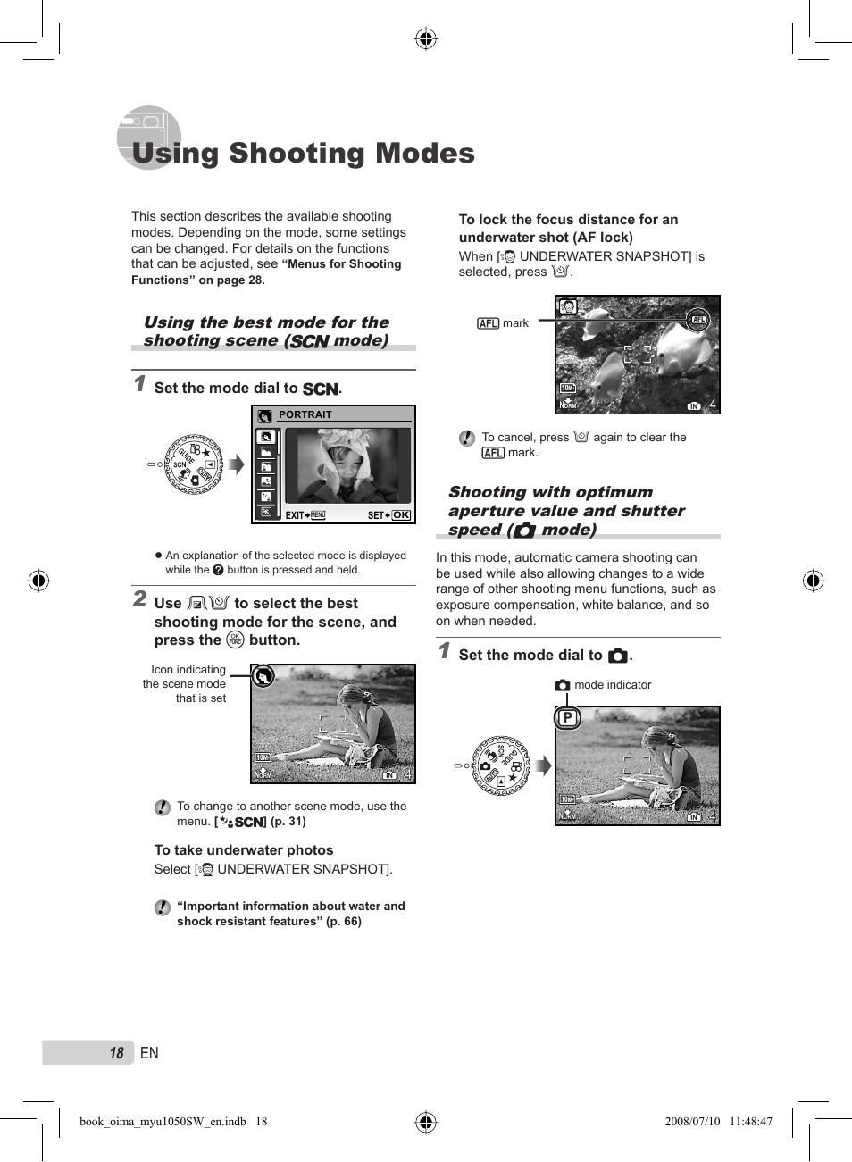 Using shooting modes, 18 en | Olympus Stylus 1050 SW User Manual | Page 18 / 86