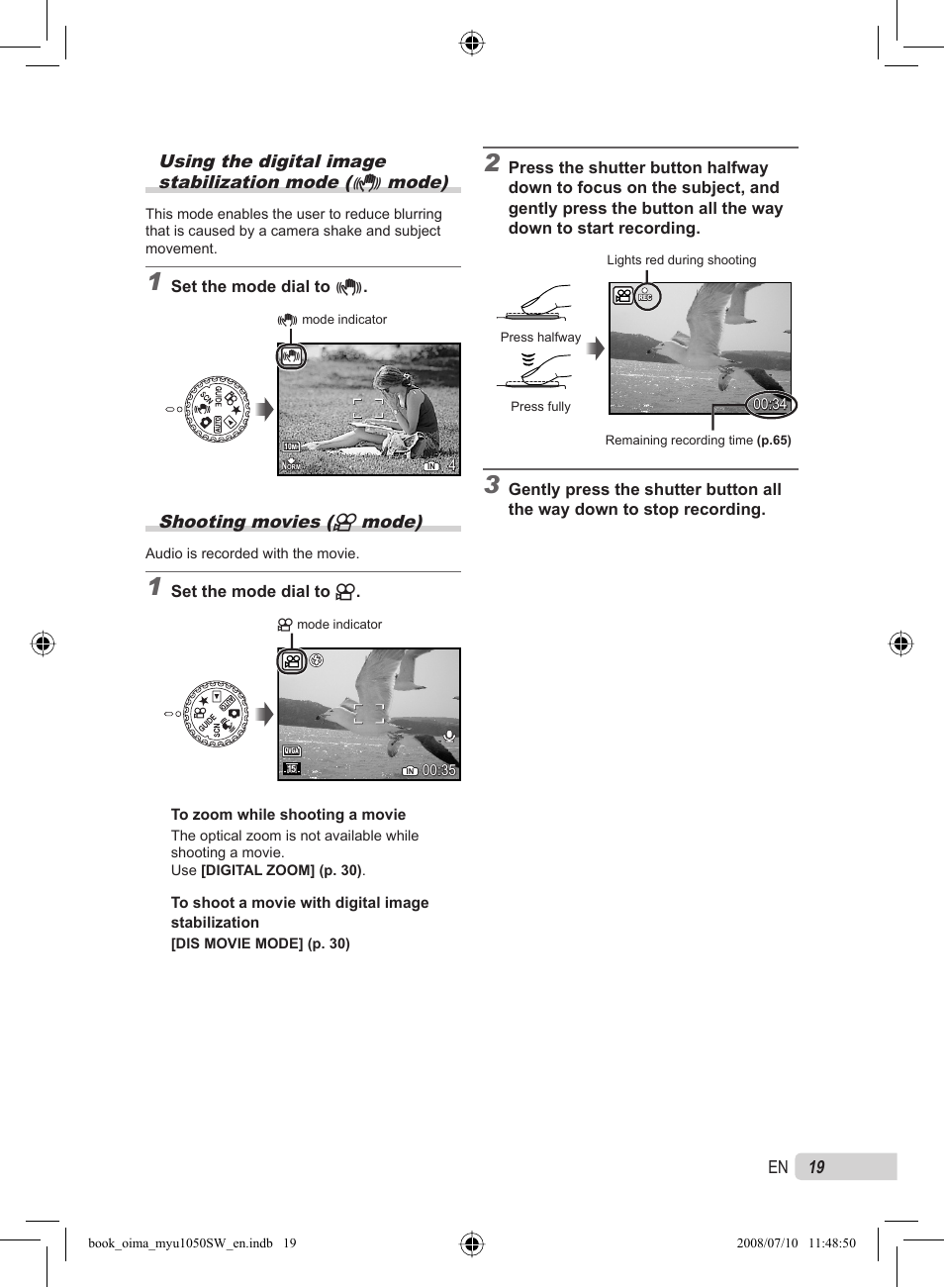 Shooting movies (n mode) | Olympus Stylus 1050 SW User Manual | Page 19 / 86