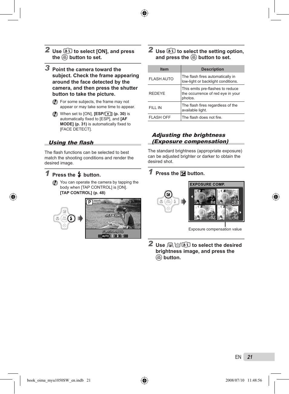 21 en, Using the fl ash, Adjusting the brightness (exposure compensation) | Olympus Stylus 1050 SW User Manual | Page 21 / 86