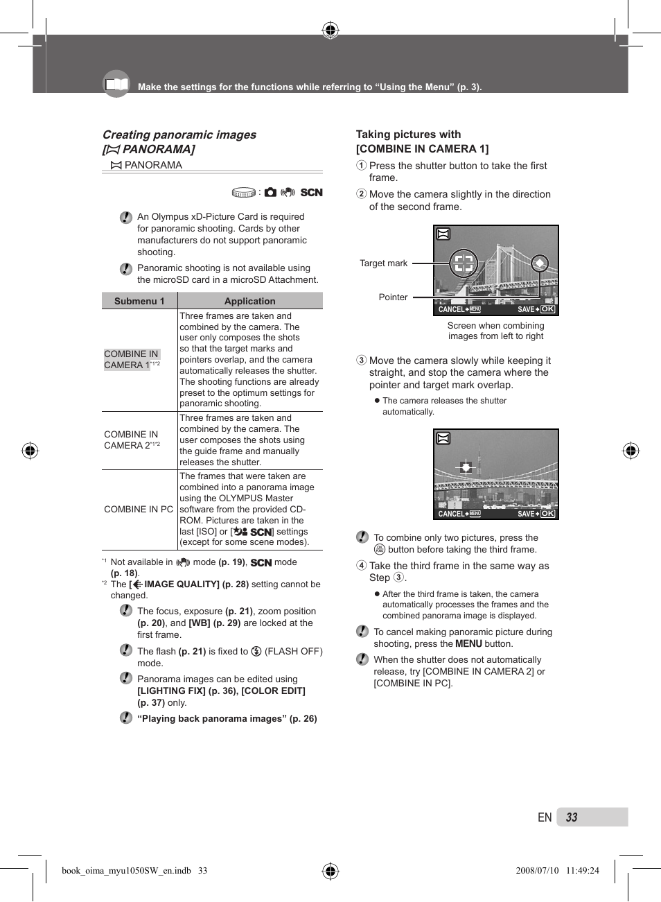 33 en, Creating panoramic images [ v panorama | Olympus Stylus 1050 SW User Manual | Page 33 / 86