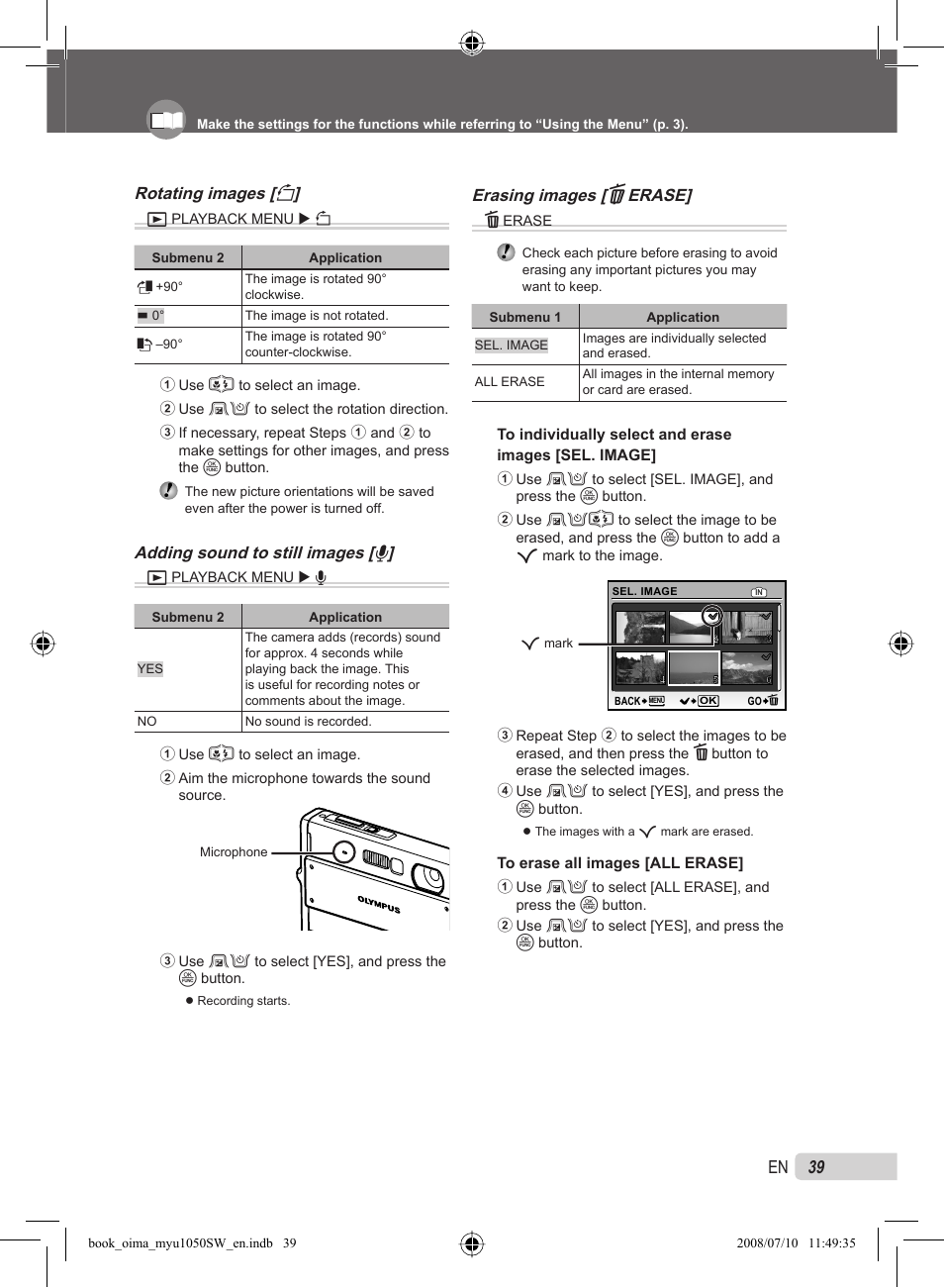 39 en, Rotating images [ y, Adding sound to still images [ r | Erasing images [ d  erase | Olympus Stylus 1050 SW User Manual | Page 39 / 86