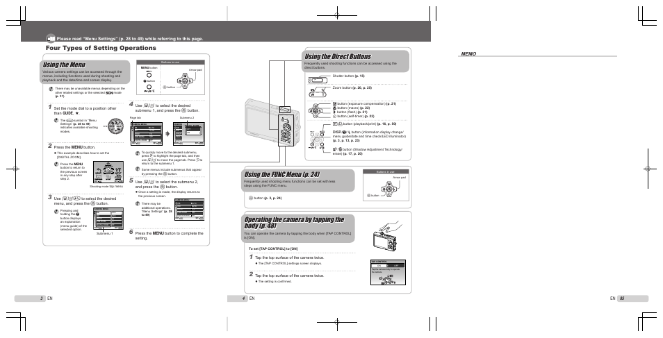 Using the menu, Using the func menu (p. 24), Using the direct buttons | Operating the camera by tapping the, Four types of setting operations, 3 en 4 en 85 en | Olympus Stylus 1050 SW User Manual | Page 4 / 86