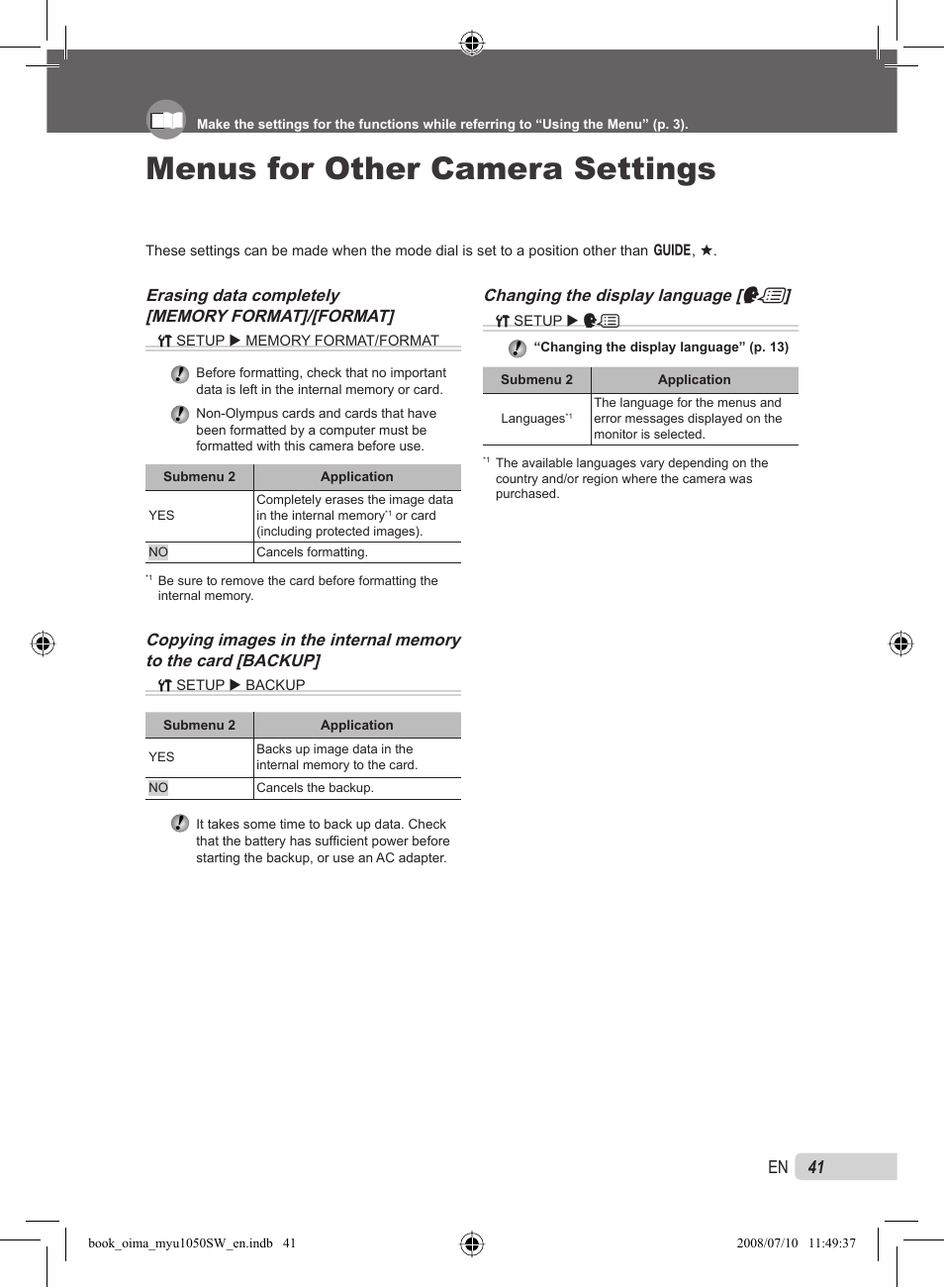 Menus for other camera settings, 41 en, Changing the display language [ w | Olympus Stylus 1050 SW User Manual | Page 41 / 86