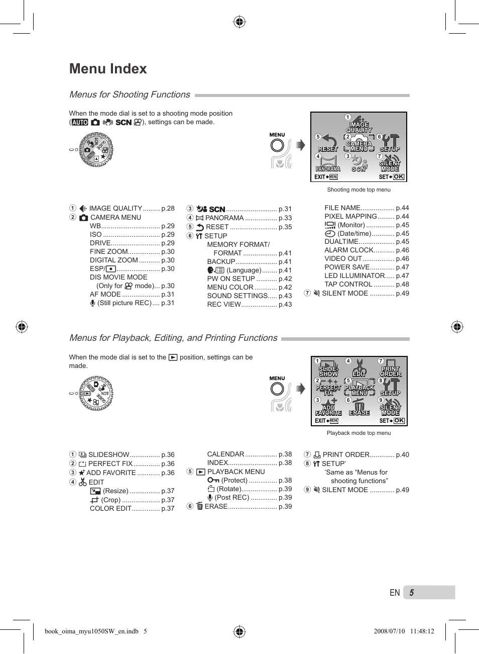 Menu index, 5en 5, Menus for shooting functions | Olympus Stylus 1050 SW User Manual | Page 5 / 86