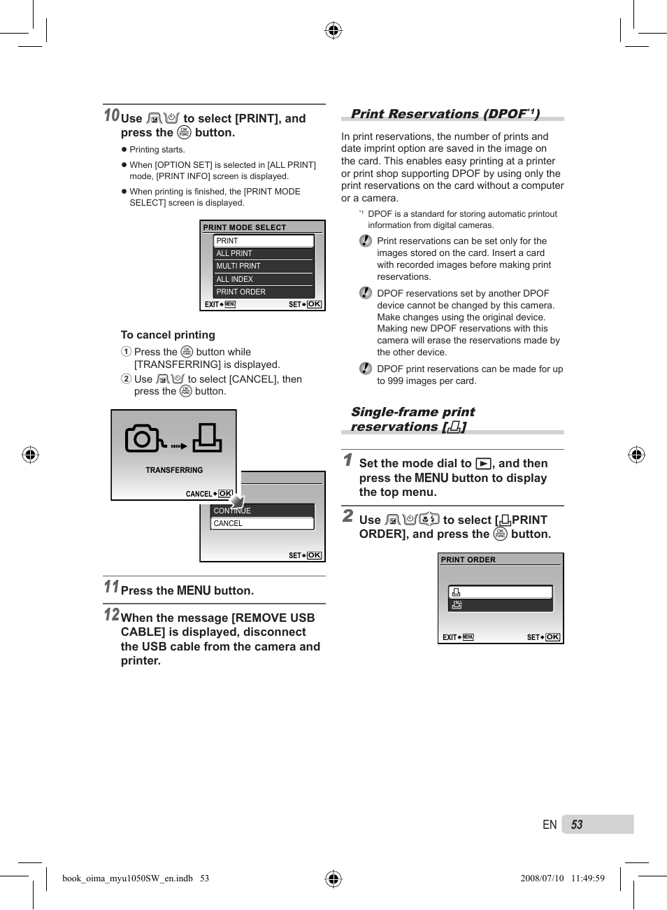 53 en, Print reservations (dpof, Single-frame print reservations | Olympus Stylus 1050 SW User Manual | Page 53 / 86