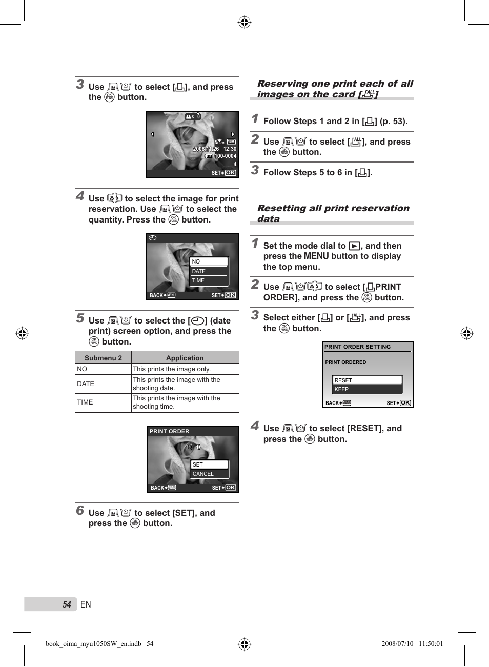 54 en, Resetting all print reservation data | Olympus Stylus 1050 SW User Manual | Page 54 / 86