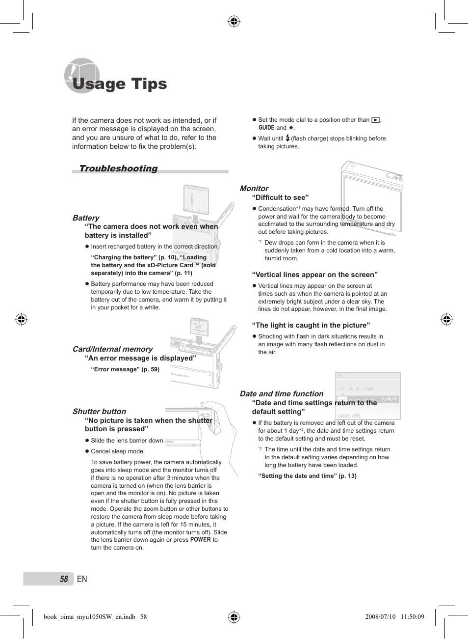 Usage tips, 58 en, Troubleshooting | Olympus Stylus 1050 SW User Manual | Page 58 / 86