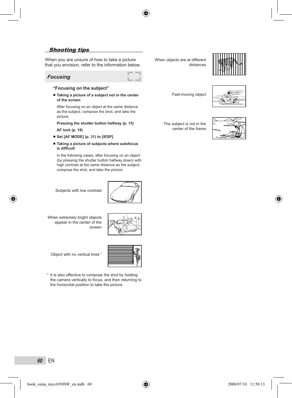 60 en shooting tips, Focusing | Olympus Stylus 1050 SW User Manual | Page 60 / 86